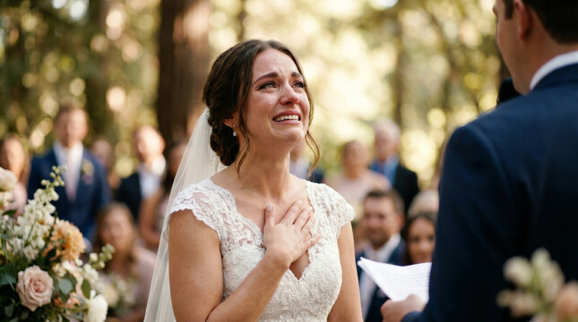 Emotional bride crying tears of joy during wedding ceremony