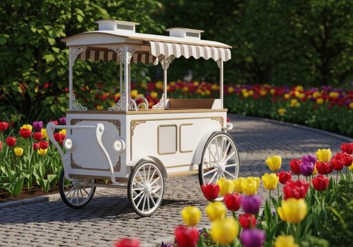 A vintage white ice cream trolley rolls along a winding garden path surrounded by vibrant blooming tulips and lush greenery in the sun, classic, path, treats