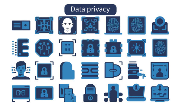 A set of blue icons illustrating various data privacy and security concepts, including lock icons, biometric data, and secure connections, arranged on a clean white background.