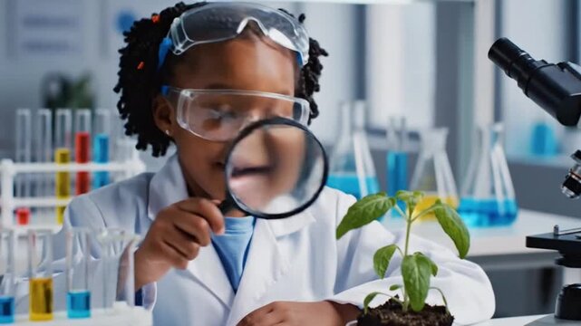 Young African American mixed child examines a plant with a magnifying glass in a science lab setting
