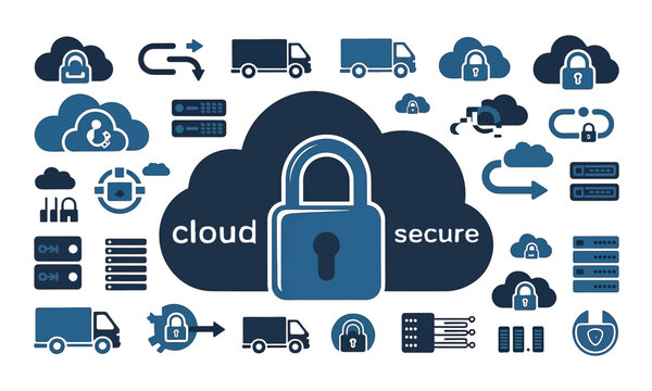 A cloud computing security concept with a padlock on a cloud and various icons representing data protection and storage.