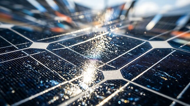 Close-up of Solar Panel Texture: An extreme close-up captures the intricate geometric patterns and reflective surface of a solar panel, highlighting its technological design under bright sunlight.