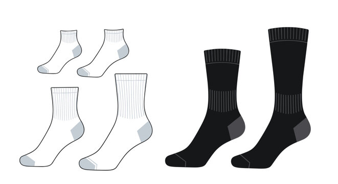 Collection of mens socks in various lengths and colors including white ankle socks and black crew socks for apparel design template.