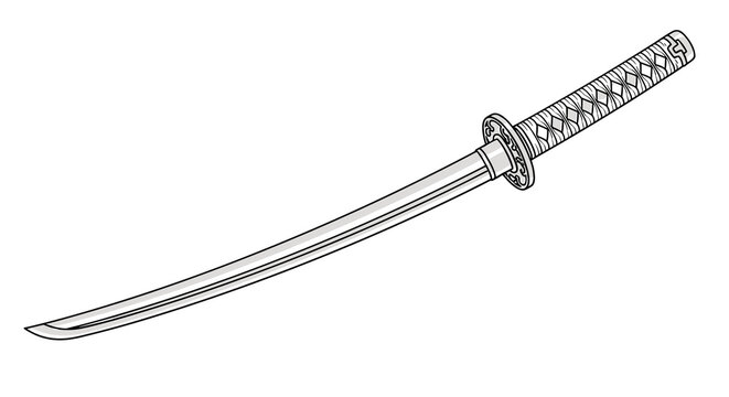Japanese samurai katana sword in a scabbard shown in a side view perspective in grey tones on white background.