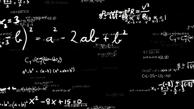 Moving mathematical physics formulas changing fast on black animation. Math problems coming forward for Overlay. Concept of thinking, problem solving, planning, heavy situation, brainstorming.