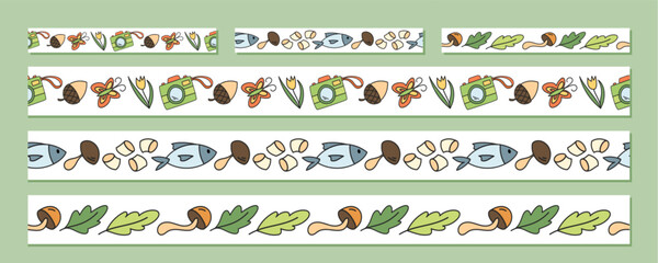 Seamless camp adventure border set in doodle sketch style pattern. Nature, forest and animal elements combine with green color, perfect for travel or outdoor themes. Colorful design with adventure © Moonnoon