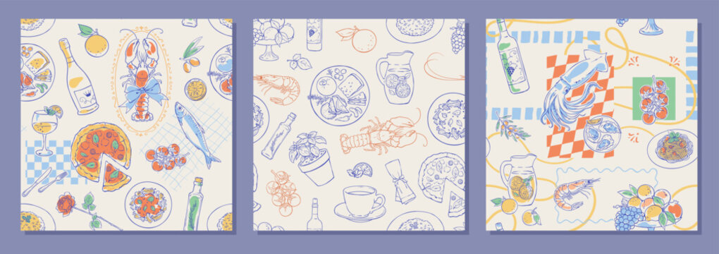 Italian picnic food seamless pattern with pizza, seafood and wine on white background set. Hand drawn doodle sketch style with olive fruit and cheese elements, perfect vintage graphic illustration