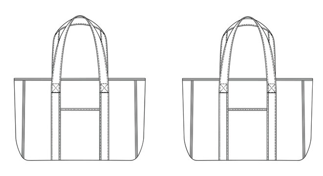 Black and white technical drawing showing the front and back view of a reusable canvas tote bag with long carrying handles.