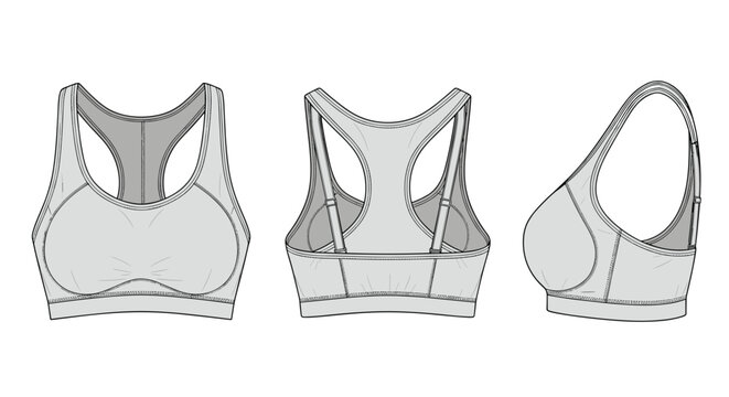 Technical flat sketch of a women racerback sports bra shown from front, back, and side angles on white background.