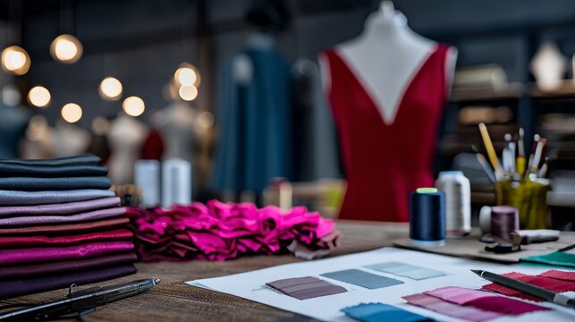 Creative Fashion Design Atelier with Colorful Fabrics and Design Process on Display in Modern Workspace