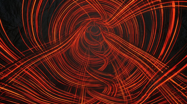 Abstract swirling red energy lines creating dynamic futuristic digital background with intense vibrant glow and intricate patterns
