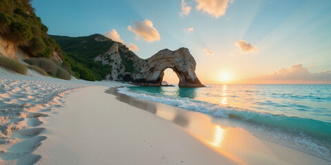 Sandy beach with calm turquoise waters, lush green mountains at sunrise under a clear blue sky.