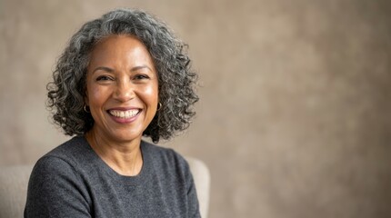Fototapeta premium Portrait of a happy middle aged woman with curly grey hair smiling. Cheerful mature lady looking at camera. Concept of wellness, beauty, confidence, aging gracefully and positive mindset.