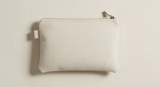 Small beige canvas zipper pouch for cosmetics and travel essentials. customizable canvas pouch