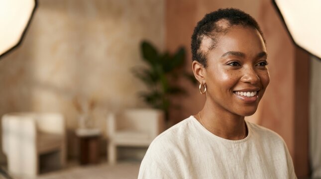 Smiling African American woman with alopecia areata looking away. Portrait of female with hair loss. Concept of beauty, self acceptance, confidence, body positivity and wellness.
