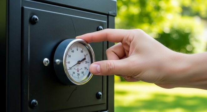 Perspective of checking the temperature dial on a black metal smoker during an outdoor summer cookout inside a bright and lush green backyard, smoking, heat, weekend