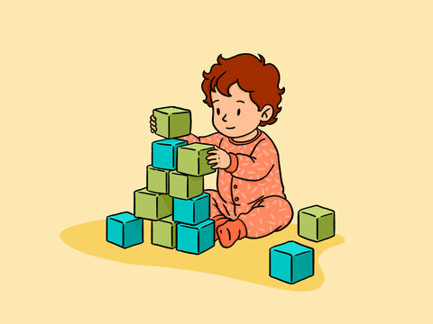 Baby playing with building blocks stacking toy