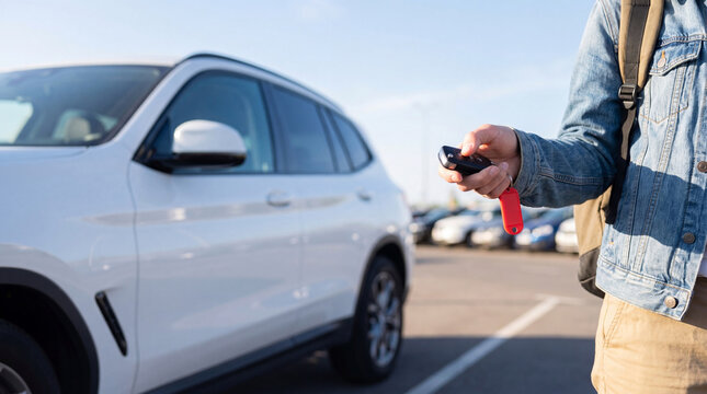 Man unlocking white car with remote control key in parking lot. Customer renting vehicle for travel. Modern transportation, automotive service, and journey concept for car rental agency.