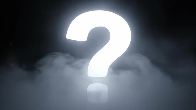 Glowing white question mark emerging from swirling smoke in dark atmospheric setting. Perfect for educational branding, tech tutorials, thriller visuals