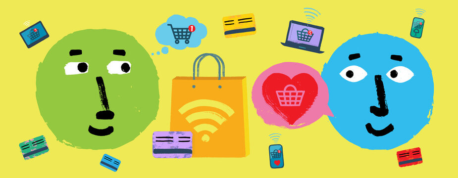 Wide format online shopping illustration with emojis and tech