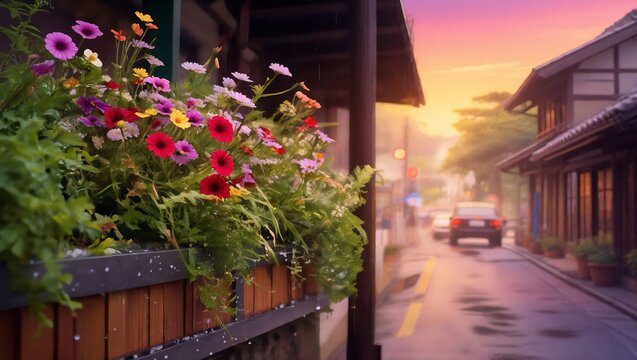 Colorful flowers in a window box on a wet street at sunset