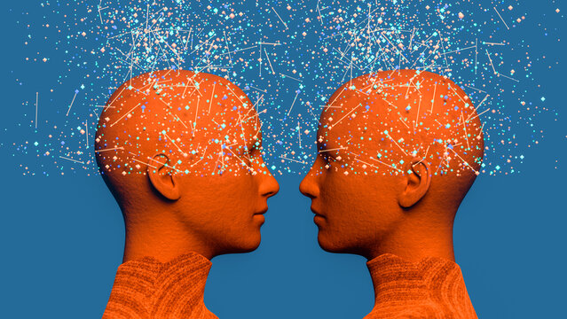 Human head with digital particle explosion shows new network concept