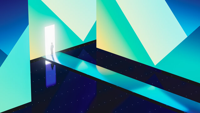Person stands in front of glowing door in geometric space