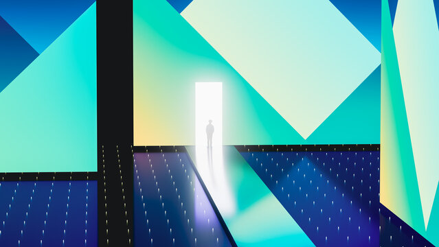 Person stands in front of glowing door in geometric space