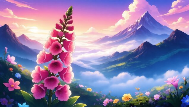 Pink foxglove flower in a majestic mountain landscape at sunset