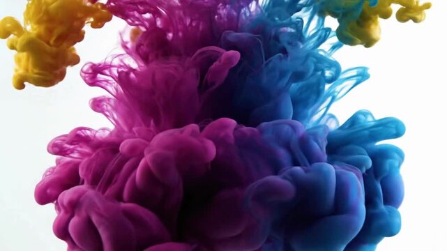 Color ink flows in water on white surface creating vibrant patterns at a slow pace