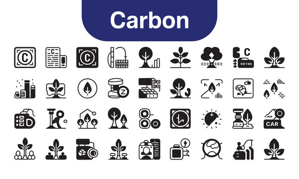 A set of black and white icons related to carbon footprint and environmental conservation, arranged on a clean white background with a blue header.