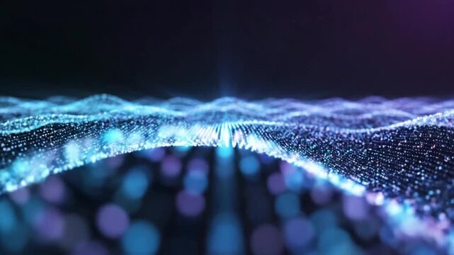 Digital wave particles form a vibrant background with illuminated designs in a visual representation