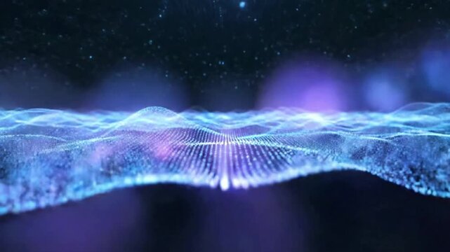 Digital wave pattern with illuminated particles moving across the screen in a continuous flow at a steady pace