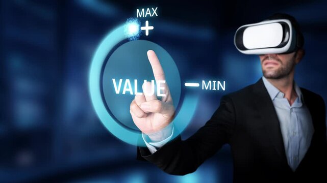 Businessman interacts with a virtual reality interface to adjust value from minimum to maximum, symbolizing innovation in technology and user engagement. Raster