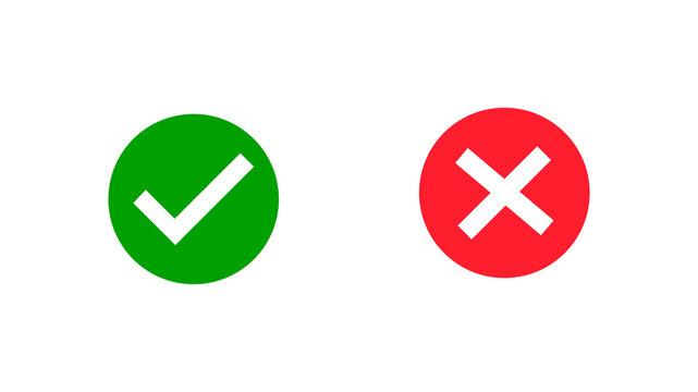Minimalist check mark and cross symbol icons representing choice and decision making isolated as flat graphics on transparent background