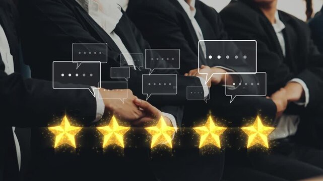 A professional business scene featuring hands shaking with speech bubbles above them, symbolizing dialogue and collaboration, with five-star rating emphasizing quality and success. Raster