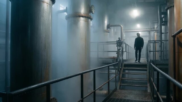 Medium shot of a vast precipitation tank gallery showcasing tall precipitators amidst ethereal foggy vapor highlighting the industrial crystallization process in a misty