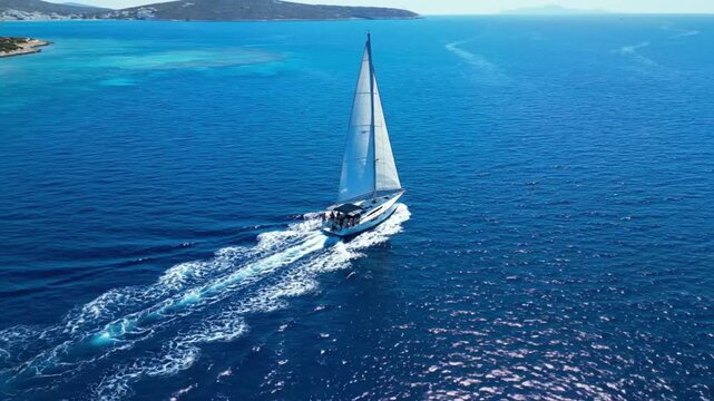 Aerial view of sailboat moving through clear water in Sai, capturing waves and sea activities