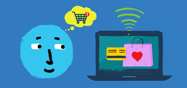 Online shopping illustration with laptop and emoji