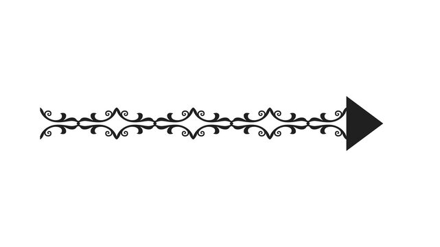 Elegant black arrow symbol featuring ornate filigree scrollwork patterns and a sharp triangular pointer tip isolated on transparent background