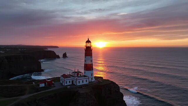 Panoramic aerial view of the lighthouse at sunset over the ocean with the o d VSRExport