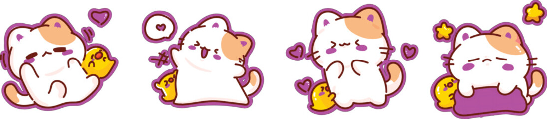 Cute cartoon cat sticker collection featuring playful kittens, sleeping felines and expressive pet characters. Adorable animal clipart set for kids designs. © Vivid Pixel Studio.