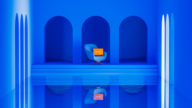 Modern blue interior with chair and laptop setup for work