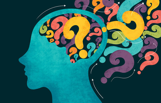 Brain filled with colorful questions in abstract design