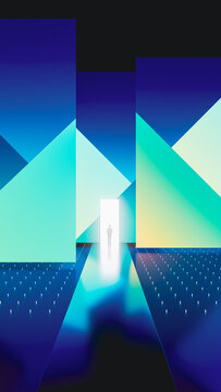 Person stands in front of glowing door in geometric space