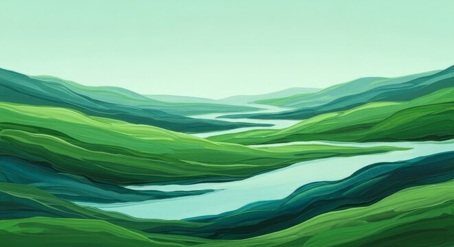 Elegant abstract landscape painting using fern and jade pigments. Fluid brushstrokes evoke natural movement with soft organic textures, art, canvas, wallpaper