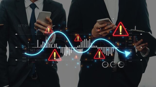 Business professionals engaged in data analysis using smartphones while surrounded by warning symbols, illustrating market trends and financial alerts in a modern office. Raster