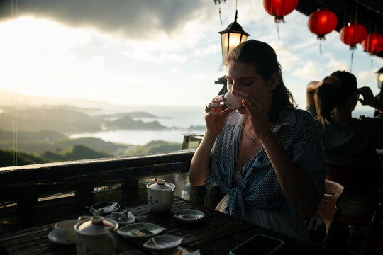 Sunset tea moment in Jiufen teahouse