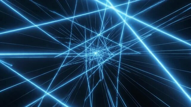 Glowing neon blue lines form patterns in an abstract black background during a dynamic visual presentation at night
