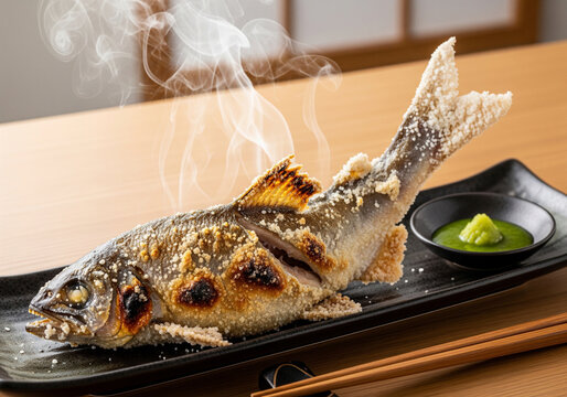 化粧塩が施された躍動感あふれる姿焼きの初夏の鮎の塩焼き